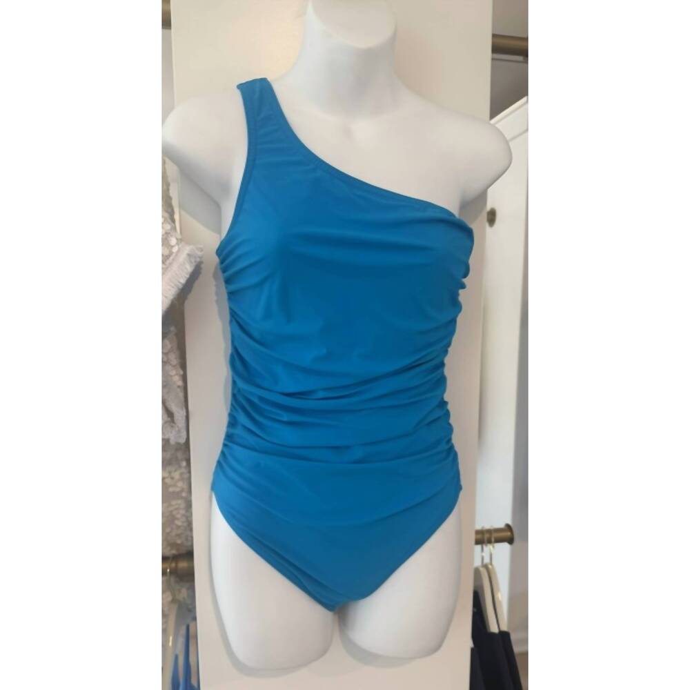 NEW KARLA COLLETTO women's basics one shoulder one-piece with shelf bra in turqu